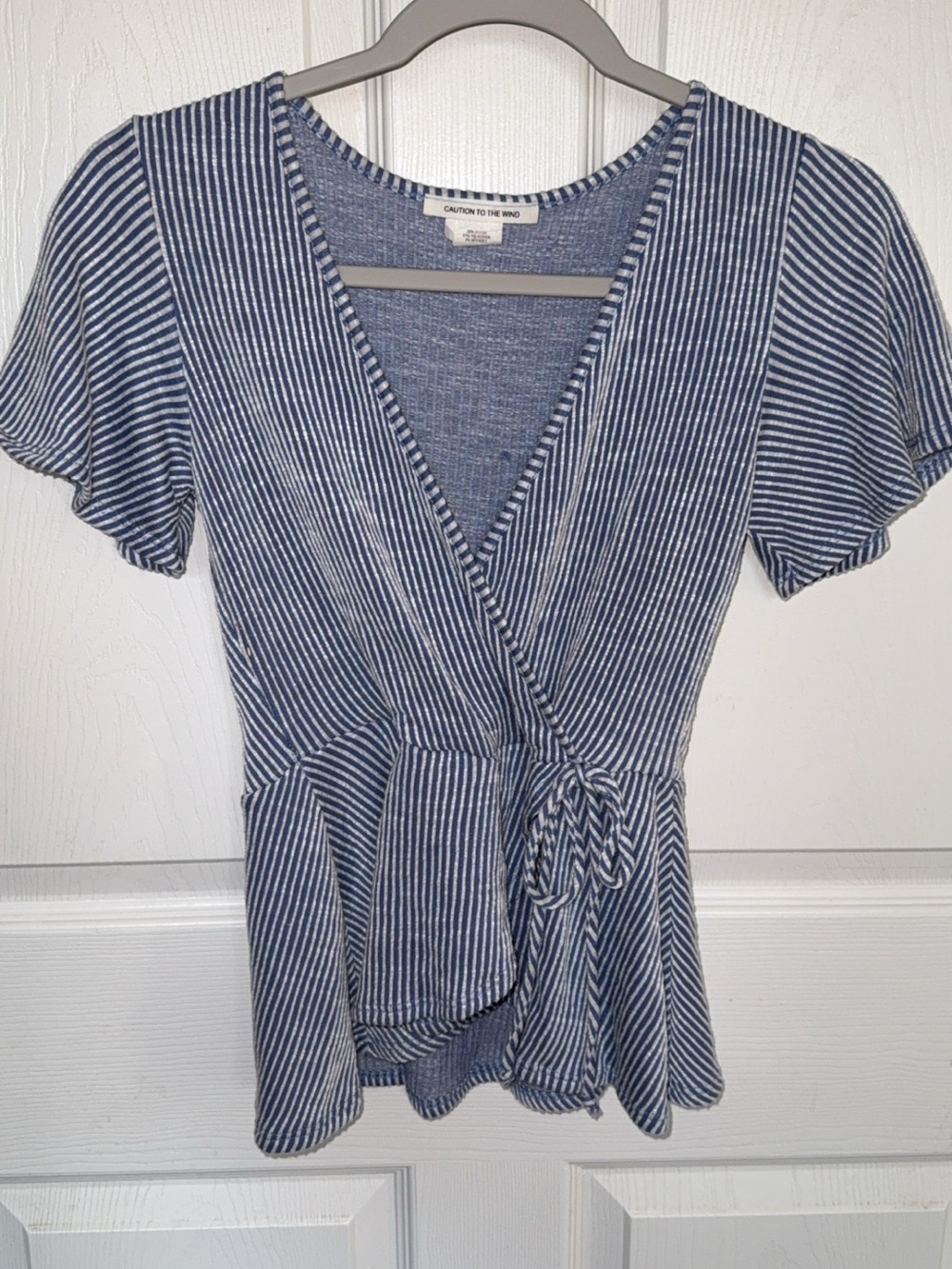 Caution To The Wind Navy and White Striped Tie-Waist Wrap Top